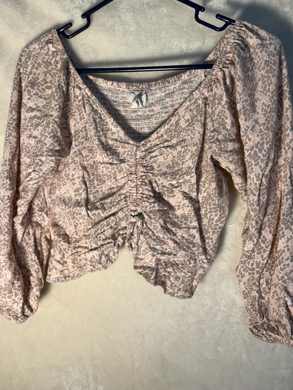 Japna Pink Leopard Ruched V-Neck Long Sleeve Top